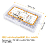VIGRUE 150pcs #8-32#10-24 1/4 "-20 5/16"-18 3/8" 16 Nueces remachadas UNC remachadas Kit surtido de surtidos de tuerca de acero al carbono, acabado chapado en zinc amarillo, surtido de tuercas de cab