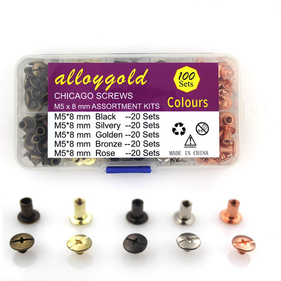 Alloygold Juego de 100 remaches de tornillo para piel de 5/16 pulgadas en 5 colores Chicago Screw Remaches para bricolaje, bolsos, cinturones, encuadernación, álbumes de fotos y zapatos (M5 x 8 negro, plateado, dorado, cobre y oro rosa)