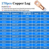 Herramienta de prensado de lengüetas de cable con 170 lengüetas de alambre de cobre, herramienta de prensado de alambre para crimpadora eléctrica AWG 10-1/0, con cortador de cables, 210 tubos