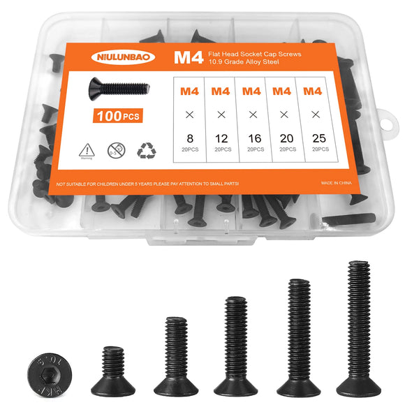 Tornillos de cabeza plana M4 x 8 mm, 12 mm, 16 mm, 20 mm, 25 mm, tornillos avellanados, acero de aleación de grado 10.9, acabado de óxido negro, unidad hexagonal Allen, métrico totalmente roscado, kit