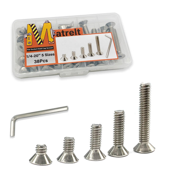Matrelt - 38 tornillos de cabeza avellanada 1/4-20, 5 tamaños, kit de surtido de tornillos de cabeza plana con llaves Allen, tornillos de cabeza plana de acero inoxidable 304, tornillos de cabeza