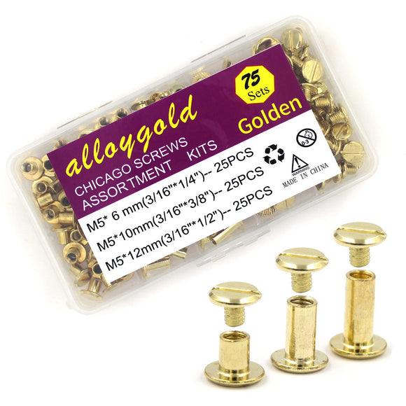 Alloygold Juego de 75 tornillos de encuadernación dorados Chicago surtidos, 3 tamaños de tornillo redondo de cabeza plana, remache de clavo, botón Chicago para manualidades, decoración de cuero, encuadernación (M5 x 6, 10, 12)