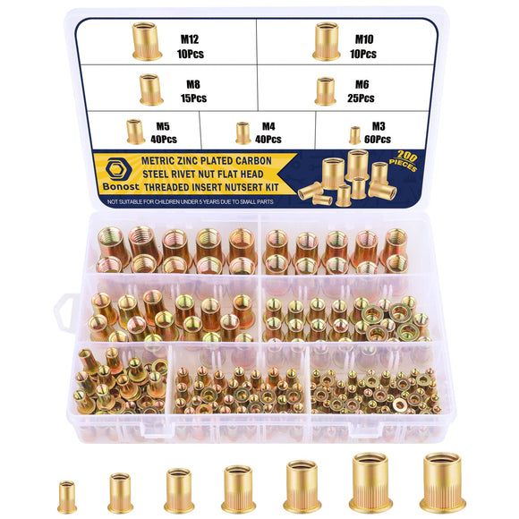 Bonost - Juego de 200 Tuercas de Remache Métricas M3 M4 M5 M6 M8 M10 M12, Acero al Carbono Chapado en Zinc, Resistentes a la Corrosión