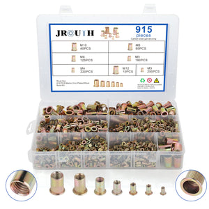 Juego de 915 tuercas de remache métricas roscadas surtidas, M3, M4, M5, M6, M8, M10, M12, tuercas de acero al carbono chapadas en zinc, kit de tuercas de remache