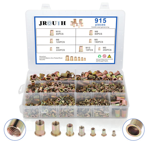 Juego de 915 tuercas de remache métricas roscadas surtidas, M3, M4, M5, M6, M8, M10, M12, tuercas de acero al carbono chapadas en zinc, kit de tuercas de remache