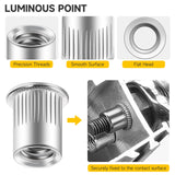 Mywish - 100 tuercas de remache #10-24, tuercas de acero inoxidable 304 con cabeza plana moleteada para cuerpo RIV, inserciones roscadas para madera y metal, tuercas de tornillo, remaches, kit de