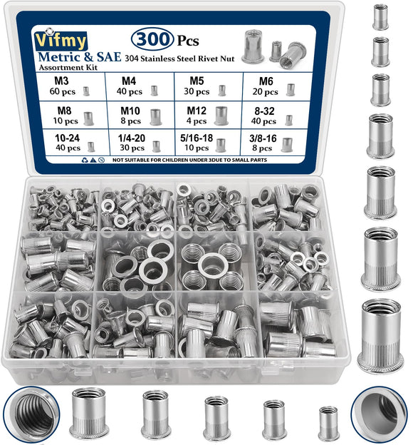 Vifmy - Kit de surtido de tuercas de remache métricas y SAE (300 unidades), M3 M4 M5 M6 M8 M10 M12#8-32#10-24 1/4