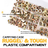 VIGRUE 150pcs #8-32#10-24 1/4 "-20 5/16"-18 3/8" 16 Nueces remachadas UNC remachadas Kit surtido de surtidos de tuerca de acero al carbono, acabado chapado en zinc amarillo, surtido de tuercas de cab