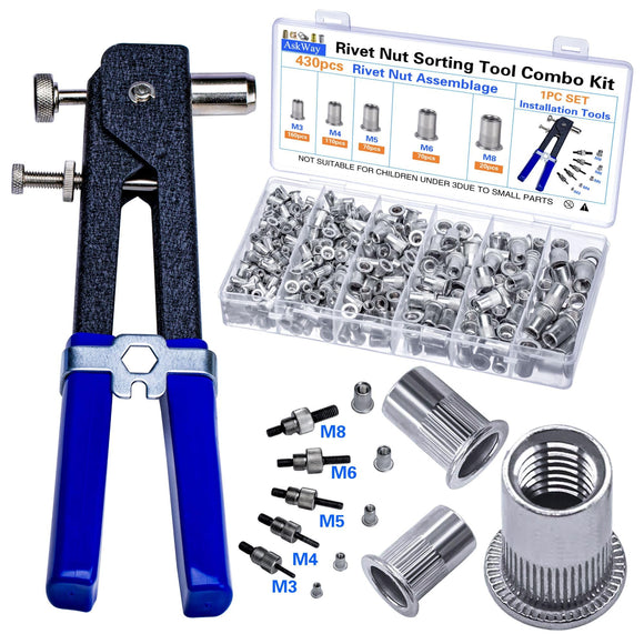 Kit de herramientas de tuerca de remache de presión, 430 piezas de combinación de tuercas de remache métricas (M8/M6/M5/M4/M3), adecuado para muebles, decoración, aplicaciones automotrices, marinas e