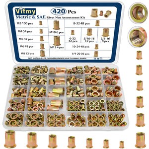 Vifmy - Kit de surtido de tuercas de remache métricas y SAE (420 unidades), m3 m4 m5 m6 m8 m10 m12#6-32#8-32#10-24 1/4"-20 5/16"-18 3/8"-16 UN. C Flat Head Rivnut Juego de tuercas de acero al carbono