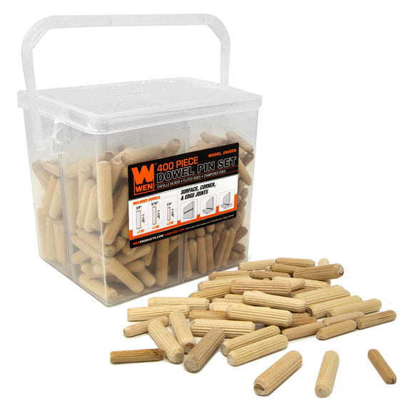 WEN JN400D cubeta surtido de 400 piezas con clavijas estriadas para carpintería de 1/4, 5/16 y 3/8 pulgadas
