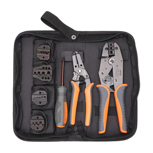 Iwiss iCrimp - Kit de herramientas de crimpado con pelador y cortador para diferentes tipos de terminales con 5 juegos de troqueles intercambiables de 0,5 a 35 mm 2 empaquetados con bolsa Oxford