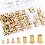 Zovfam Tuerca de Remache M3 M4 M5 M6 M8 M10 M12, 180 Piezas, Acero al Carbono, Chapado en Zinc, Cabeza Plana, Kit Surtido