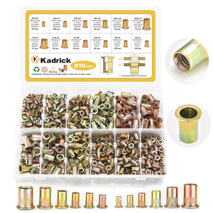 Kadrick - Juego de tuercas de remache, 810 piezas SAE y métricas kit surtido de tuercas de remache galvanizadas de acero al carbono con cabeza plana, tamaños 6-32 8-32 10-24 1/4"-20 5/16"-18 3/8"-16