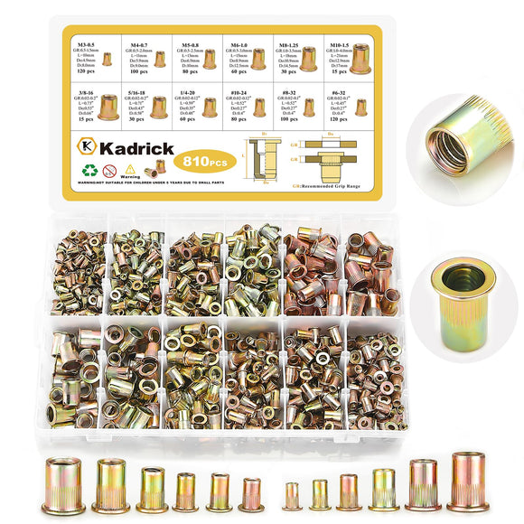 Kadrick - Juego de tuercas de remache, 810 piezas SAE y métricas kit surtido de tuercas de remache galvanizadas de acero al carbono con cabeza plana, tamaños 6-32 8-32 10-24 1/4