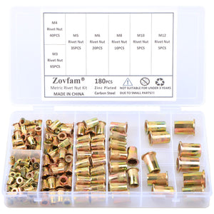 Zovfam Tuerca de Remache M3 M4 M5 M6 M8 M10 M12, 180 Piezas, Acero al Carbono, Chapado en Zinc, Cabeza Plana, Kit Surtido