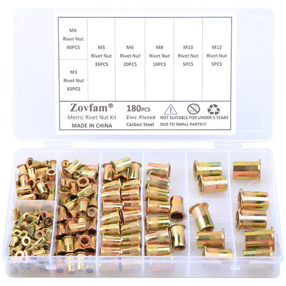 Zovfam Tuerca de Remache M3 M4 M5 M6 M8 M10 M12, 180 Piezas, Acero al Carbono, Chapado en Zinc, Cabeza Plana, Kit Surtido