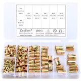 Zovfam Tuerca de Remache M3 M4 M5 M6 M8 M10 M12, 180 Piezas, Acero al Carbono, Chapado en Zinc, Cabeza Plana, Kit Surtido
