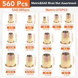 Kit de surtido de tuercas de remache métricas y SAE, M3-M12#6-32#8-32#10-24 1/4"-20 5/16"-18 3/8"-16 Rivnuts de acero al carbono Tuerca de inserción roscada de cabeza plana