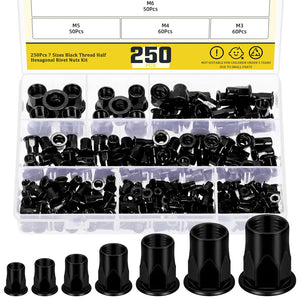 Mardatt - 250 piezas M3 M4 M5 M6 M8 M10 M12 tuercas de remache métricas de medio cuerpo hexagonal, rosca media hexagonal de acero al carbono chapado en zinc, tuerca de inserción roscada de cabeza