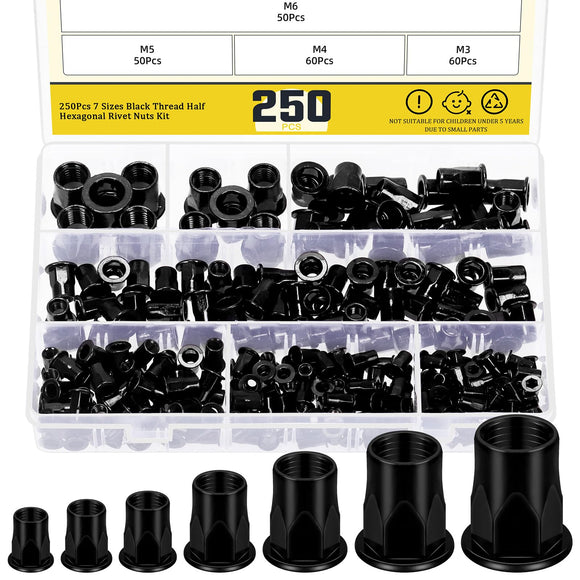 Mardatt - 250 piezas M3 M4 M5 M6 M8 M10 M12 tuercas de remache métricas de medio cuerpo hexagonal, rosca media hexagonal de acero al carbono chapado en zinc, tuerca de inserción roscada de cabeza