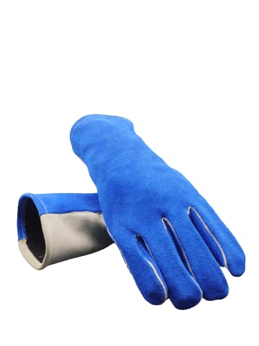 Guantes de soldador de cuero azul resistente al calor para soldador Mig, BBQ, horno, camping, chimenea, estufa/parrilla, 1 par, grande