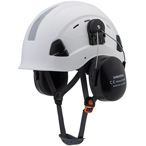 Casco duro con orejeras NRR 24 de protección auditiva para construcción, fabricación, mantenimiento, carpintería, ANSI Z89.1 Clase C Hardhat (T90 blanco + orejera)