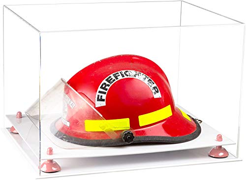 Casco de bombero, acrílico transparente, con elevadores rosa y base blanca