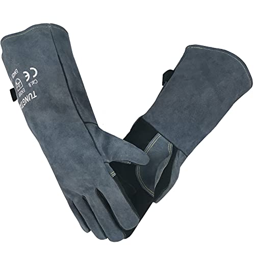 Guantes de soldador de forja de cuero/herrero/Mig/tig 16 pulgadas 932 °F resistentes al calor guantes a prueba de calor para barbacoa/parrilla/estufa/soldador TIG/Mig/soldadura con costuras de Kevlar manga larga gris
