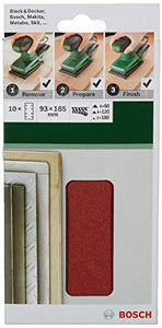 Bosch Home and Garden 2609256A86 - Juego de 10 hojas de lija para lijadoras orbitales (93 x 185, 4 x 60, 4 x 120, 2 x 180 mm)