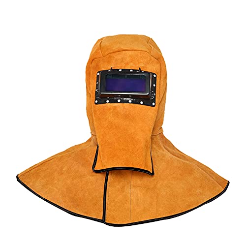 Capucha  soldador de cuero, capucha de soldador de cuero, casco de soldador con lente de filtro de oscurecimiento automático, casco de soldadura de gorra de trabajo, amarillo (cara completa + cobertura de hombro del cuello)