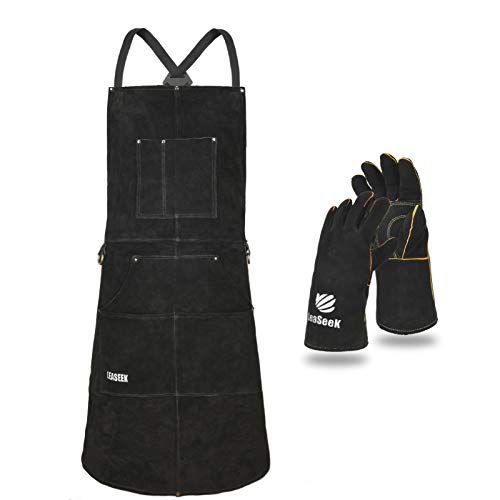 Delantal de soldador de cuero, resistente al calor y al fuego, con 6 bolsillos, delantal de trabajo para carpintería, Negro: 24.0 x 35.8 in con guantes, M to XXXL