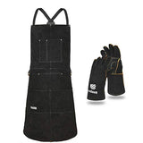 Delantal de soldador de cuero, resistente al calor y al fuego, con 6 bolsillos, delantal de trabajo para carpintería, Negro: 24.0 x 35.8 in con guantes, M to XXXL