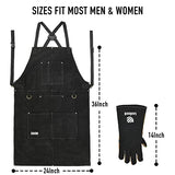 Delantal de soldador de cuero, resistente al calor y al fuego, con 6 bolsillos, delantal de trabajo para carpintería, Negro: 24.0 x 35.8 in con guantes, M to XXXL