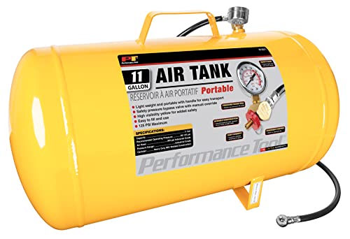 Performance Tool W10011 Hi-viz - Depósito de aire portátil horizontal de 11 galones con portabrocas de aire, color amarillo