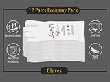 Ruvanti 24 guantes de trabajo 100% algodón blanco para hombres y mujeres. Perfecto para eccema, manos secas, hidratación, forros, jardín. Tela suave, transpirable, lavable y elástica para múltiples usos. 12 pares, mediano