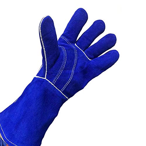 Guantes de soldador de forja de piel, resistentes al calor y al fuego, guantes para Tig, Mig, barbacoa, horno, parrilla, chimenea, horno, estufa, soporte para ollas, soldador, guante para manipulación de animales (azul, grande)