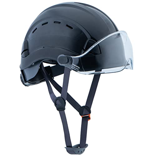 Casco duro de seguridad con visera – Casco ventilado aprobado por ANSI Z89.1 – Suspensión de trinquete de 6 puntos, perfecto para la construcción (02 Visera transparente negra)
