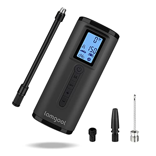 Lamgool Inflador de neumáticos de 150 PSI, compresor de aire portátil, bomba de bicicleta con medidor de presión digital, luz LED, mini bomba de neumáticos recargable, bomba de aire eléctrica para coche, bicicleta, motocicleta, pelotas