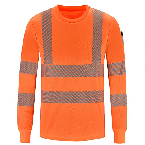 AYKRM Camisas de trabajo de construcción de manga larga de alta visibilidad, ropa de trabajo de clase 3, camisa de alta visibilidad, naranja/fiesta de bloques, Large