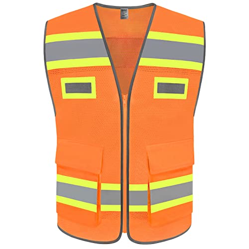 TCCFCCT - Chaleco de malla de alta visibilidad con bolsillos, chaleco de trabajo de seguridad de alta visibilidad para hombres y mujeres, chaleco de construcción reflectante con tiras reflectantes de doble tono, cumple con las normas ANSI/ISEA, naranja, M