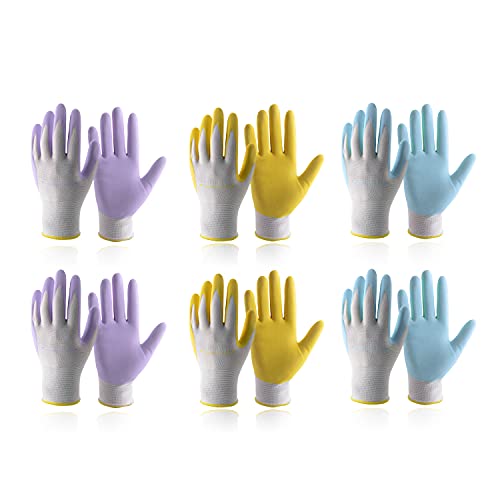 Handlandy - Guantes de jardín para mujer, sin látex, 3 pares, transpirables, con revestimiento de nitrilo, pequeños, guantes de trabajo para patio (6 pares, 2 azules y 2 amarillos y 2 violetas)