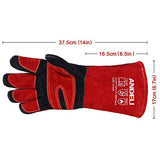 Guantes de soldador de forja de cuero, con costuras de Kevlar, guantes para soldador Mig/Stick/Tig/barbacoa/manejo de animales (14 pulgadas, rojo-negro)