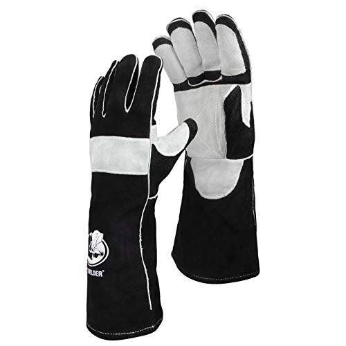 Guantes de soldador de forja de cuero de 16 pulgadas, con costuras Kevlar resistentes al calor y al fuego, refuerzos de palma, color negro y gris