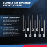 NEIKO 10077A 3/8” Drive Metric Extra Long Allen Hex Bit Socket Set | 10 Pieces | Sizes 3mm – 10mm | Shaft Length 6” | Premium S2 Steel Bits | Heavy Duty Cr-V Sockets | Exceeds ANSI Standards