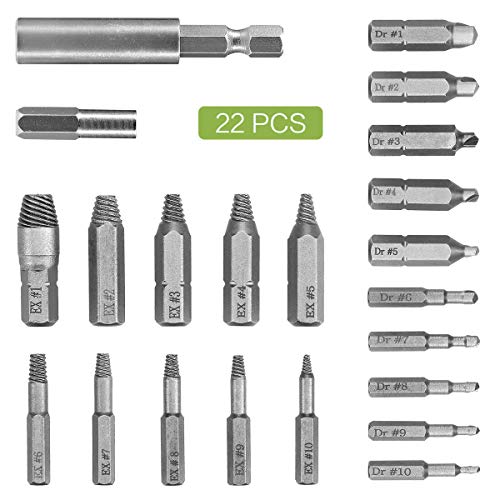 Extractor de Tornillos Dañados, 22 Piezas de Extractores de Tornillos Pelados, Extractores de Tornillos y Extractores de Tornillos Rotos, Hechos de Acero de Aleación S2 para Puntas de Destornillador Multiusos