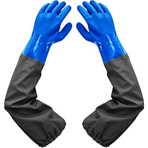 Haiou Guantes de PVC resistentes a los químicos, guantes de goma largos, guantes impermeables largos y guantes impermeables resistentes para trabajos químicos y ácidos, 25 pulgadas, L (azul)