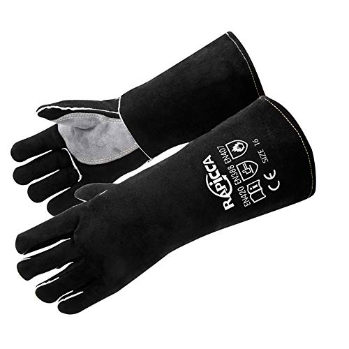 Guantes de soldador de cuero de 350 cm, resistentes al calor y al fuego, guantes para horno, parrilla, chimenea, horno, estufa, soporte para ollas, soldador Tig, Mig, BBQ, guante de manipulación de animales, color negro