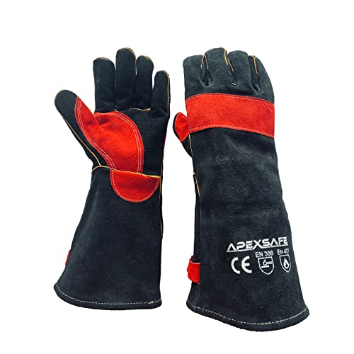 Guantes de soldador de forja de cuero, resistentes al calor y al fuego, guantes para Tig, Mig, barbacoa, horno, parrilla, chimenea, hornear, horno, estufa, soporte de ollas, soldador, guante de manejo de animales. Negro - 16 pulgadas