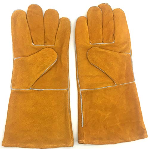 Guantes de Soldador- Resistentes al Calor y al Desgaste - for soldadores TIG/Mig/Chimenea/BBQ/Jardinería/Parrillas/Estufas (14 Pulgadas, Oro) Antideslizan